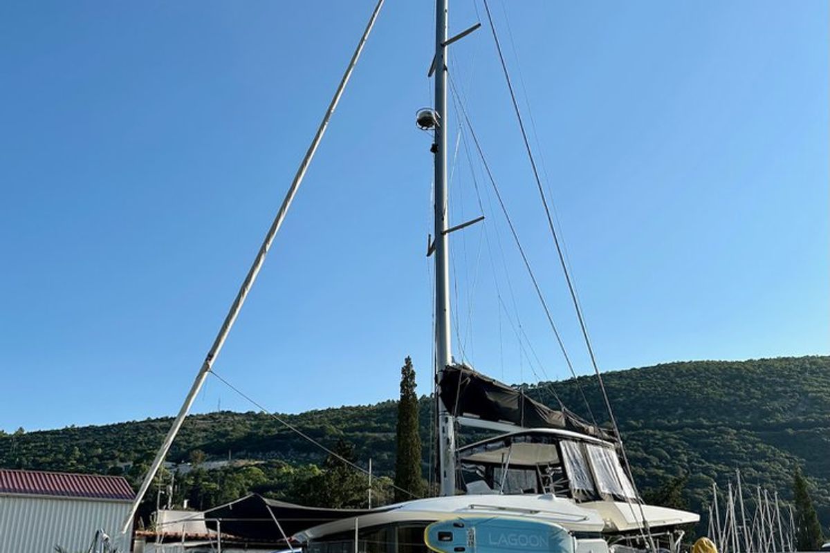 Exterior view of Princess Claire, a Lagoon 50 catamaran at Grad Kaštela, Croatia
