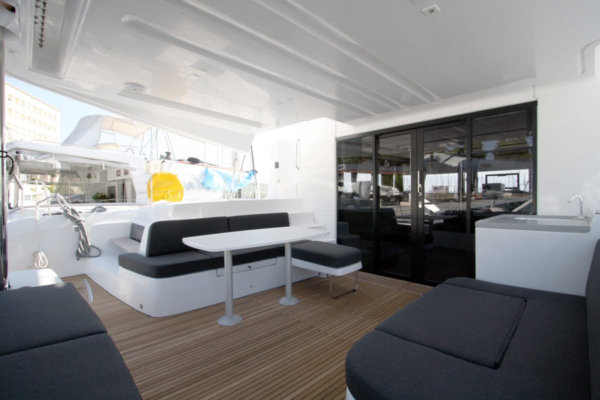 Deck of Princess Claire, a Lagoon 50 catamaran at Grad Kaštela, Croatia