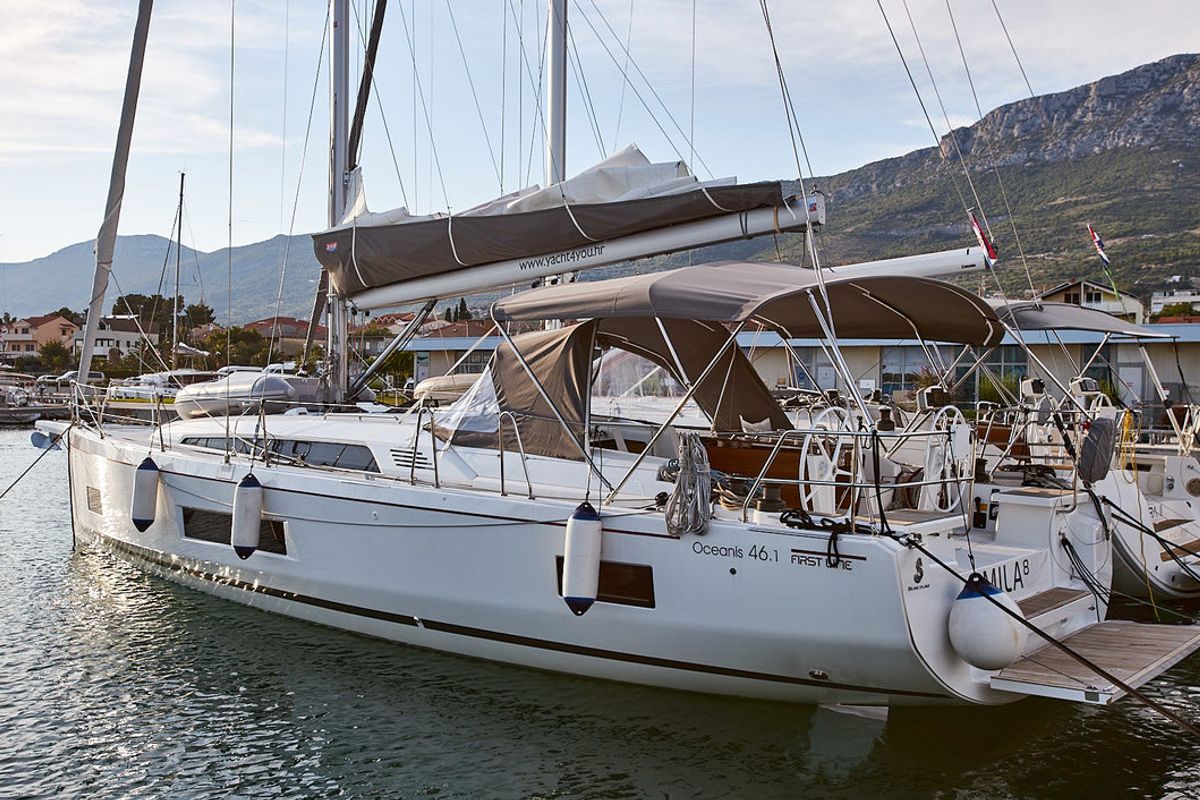 Exterior view of Mila 8, a Beneteau Oceanis 46.1 sailboat at Grad Kaštela, Croatia