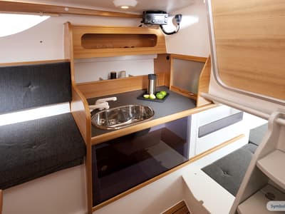 Galley of Don Cangrejo, a Gulet Trimaran sailboat at Duino Aurisina / Devin - Nabrežina, Italy