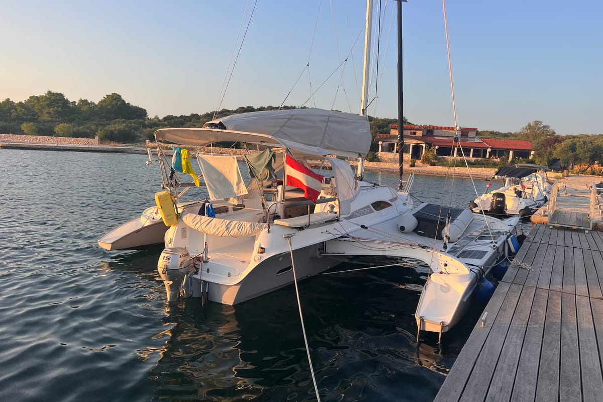 Exterior view of Don Cangrejo, a Gulet Trimaran sailboat at Duino Aurisina / Devin - Nabrežina, Italy