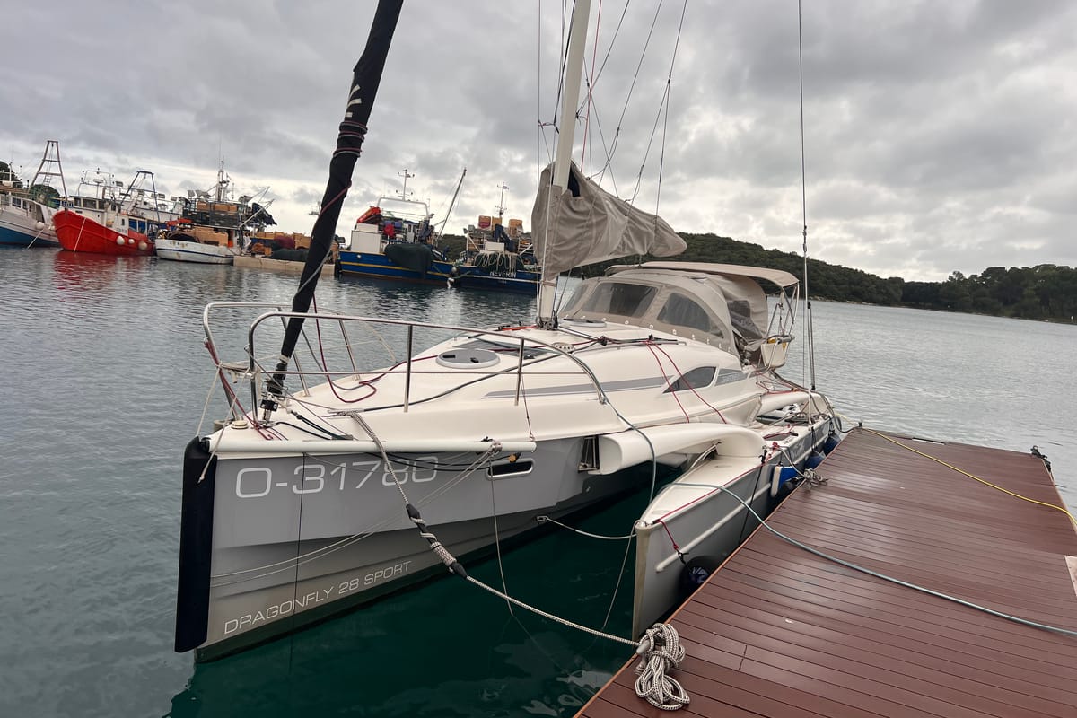 Exterior view of Don Cangrejo, a Gulet Trimaran sailboat at Duino Aurisina / Devin - Nabrežina, Italy