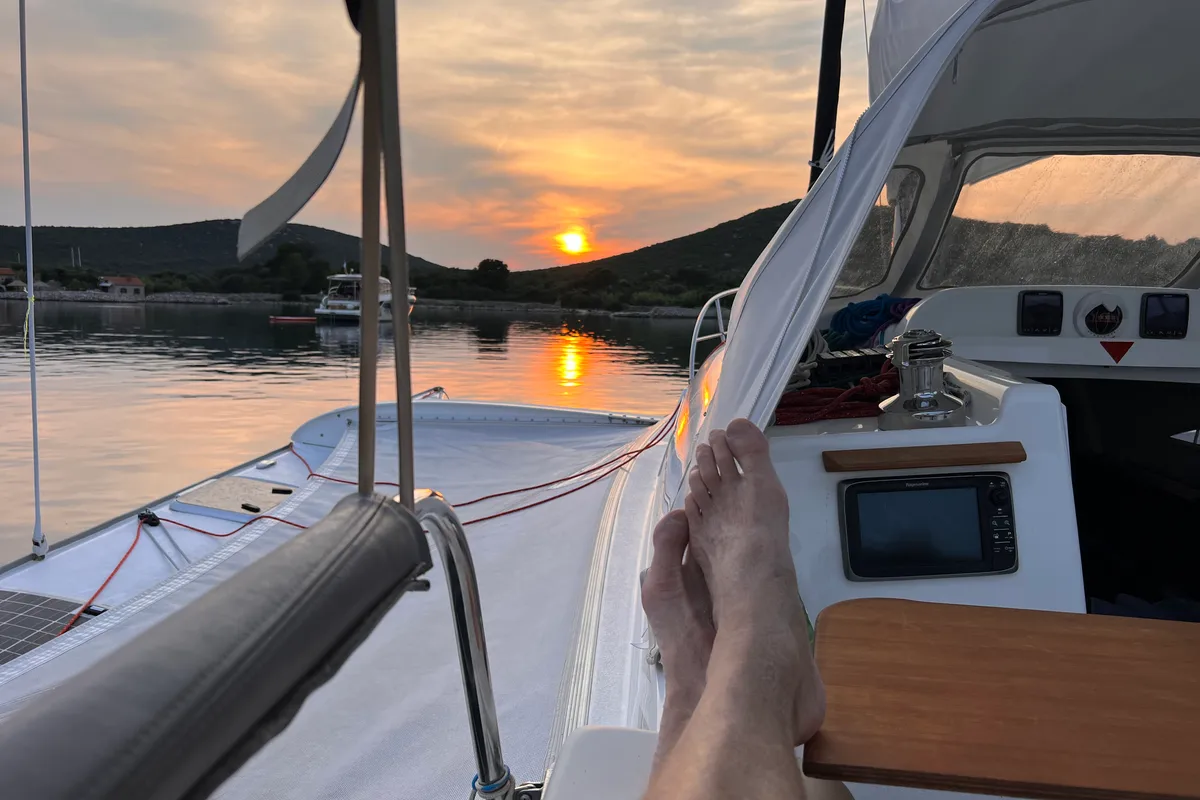 Deck of Don Cangrejo, a Gulet Trimaran sailboat at Duino Aurisina / Devin - Nabrežina, Italy