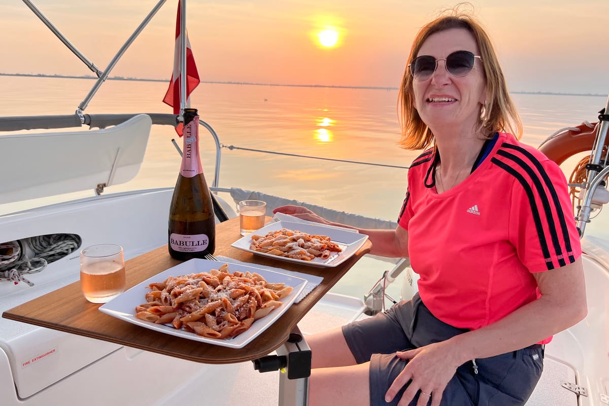 Deck of Don Cangrejo, a Gulet Trimaran sailboat at Duino Aurisina / Devin - Nabrežina, Italy