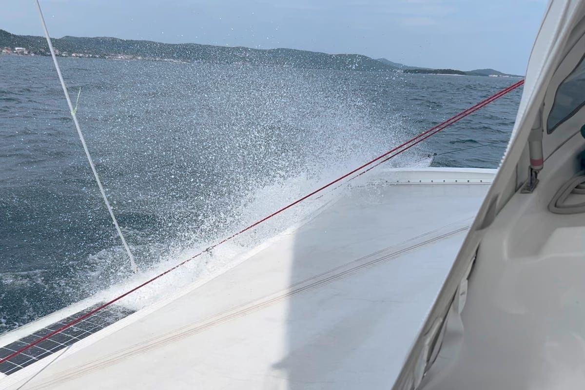 Deck of Don Cangrejo, a Gulet Trimaran sailboat at Duino Aurisina / Devin - Nabrežina, Italy