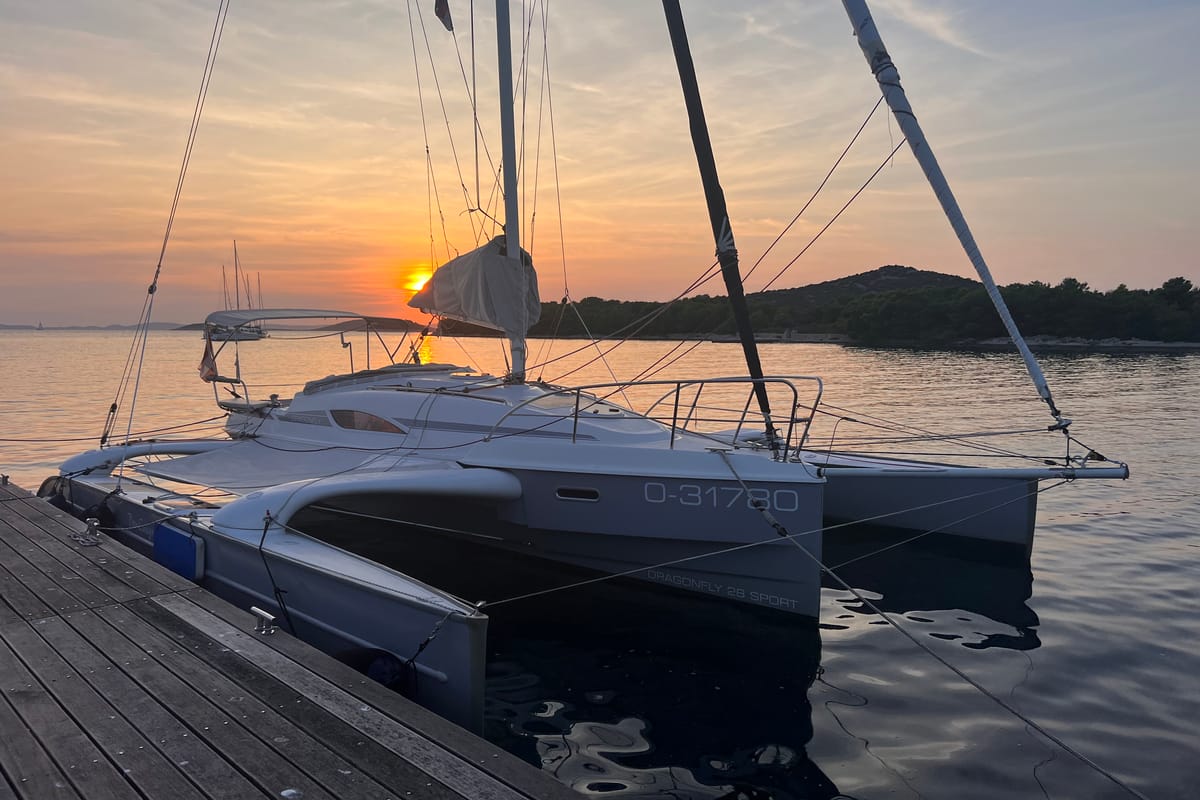 Exterior view of Don Cangrejo, a Gulet Trimaran sailboat at Duino Aurisina / Devin - Nabrežina, Italy