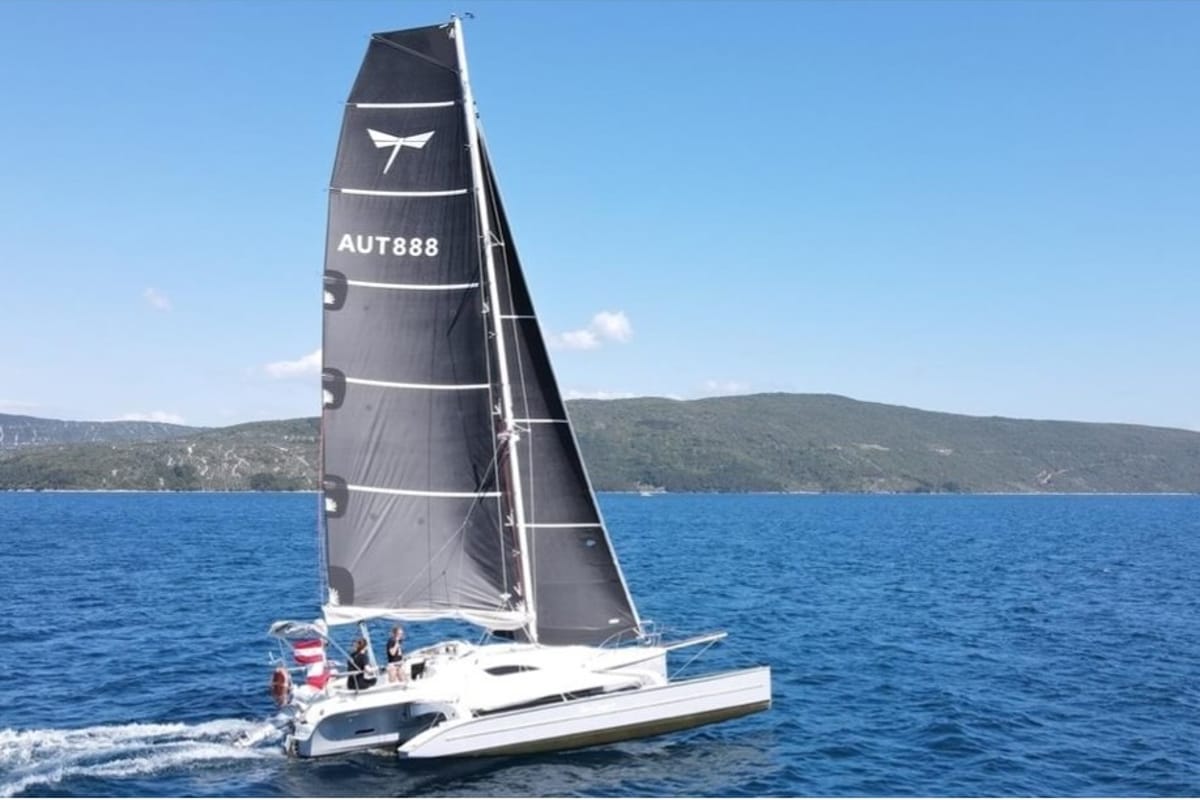 Exterior view of Don Cangrejo, a Gulet Trimaran sailboat at Duino Aurisina / Devin - Nabrežina, Italy