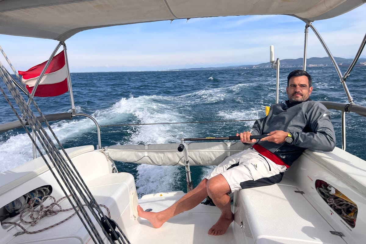 Cockpit of Don Cangrejo, a Gulet Trimaran sailboat at Duino Aurisina / Devin - Nabrežina, Italy