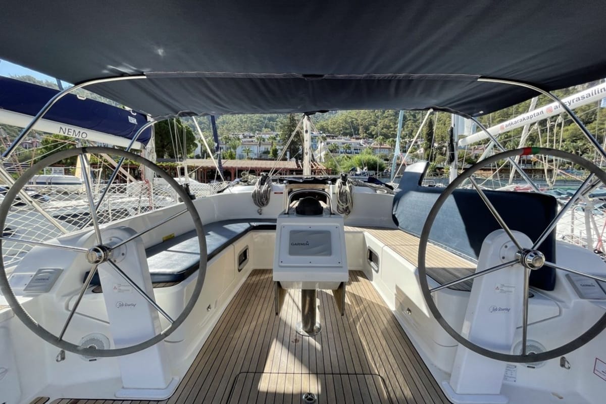 Cockpit of Amaris, a Bavaria Cruiser 46 sailboat at Fethiye, Turkey