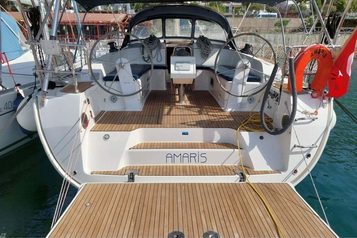 Exterior view of Amaris, a Bavaria Cruiser 46 sailboat at Fethiye, Turkey