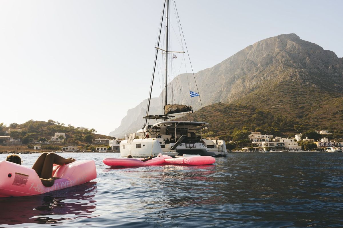 Exterior view of Aenaos, a Lagoon 42 catamaran at Municipal Unit of Rhodes, Greece