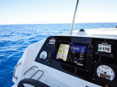Cockpit of Aenaos, a Lagoon 42 catamaran at Municipal Unit of Rhodes, Greece