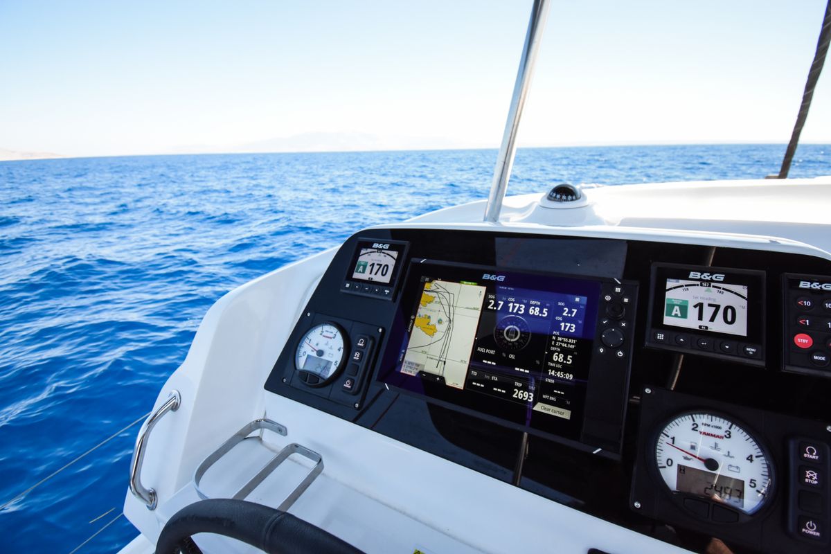 Cockpit of Aenaos, a Lagoon 42 catamaran at Municipal Unit of Rhodes, Greece