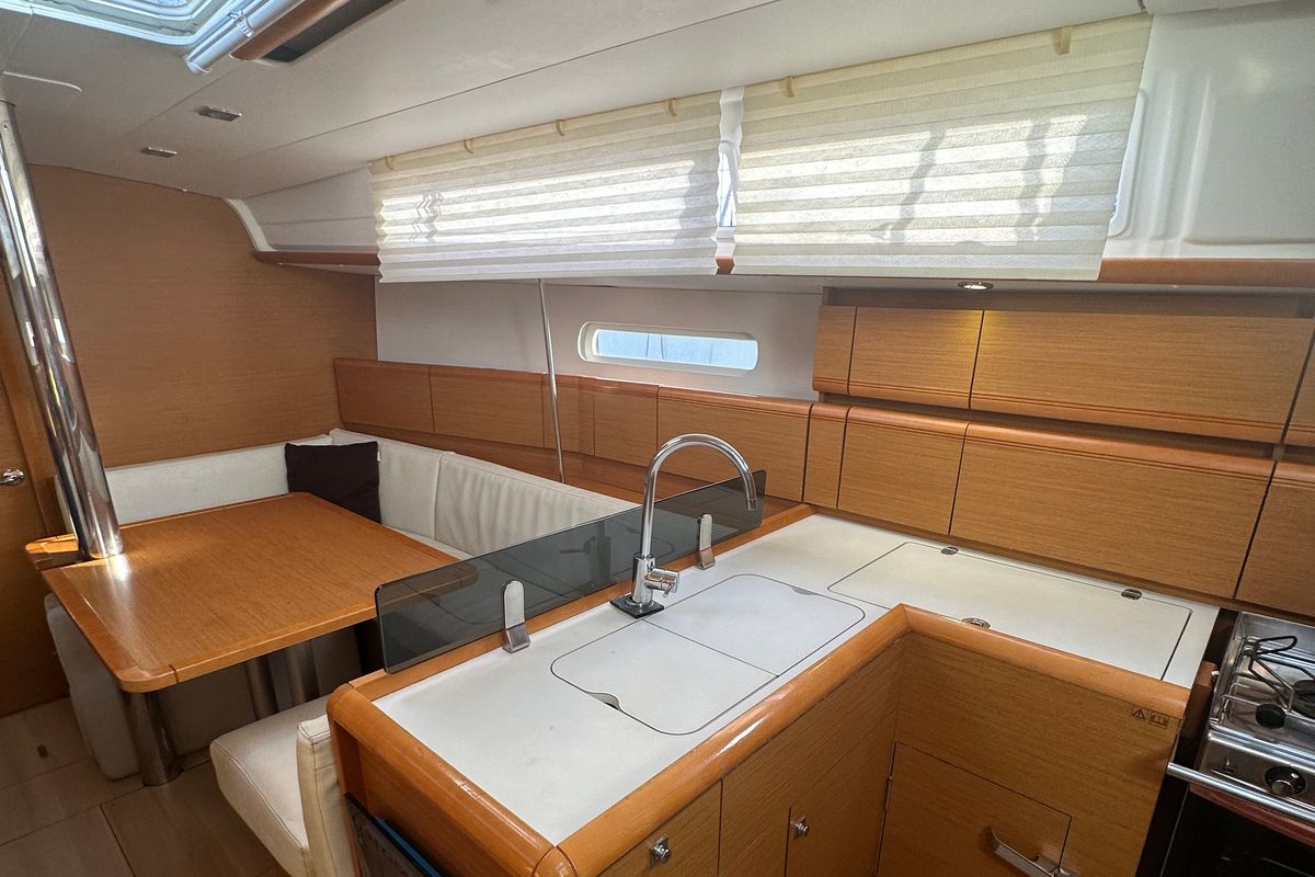 Galley of OYSTER SHELL, a Jeanneau Sun Odyssey 379 sailboat at Athens, Greece