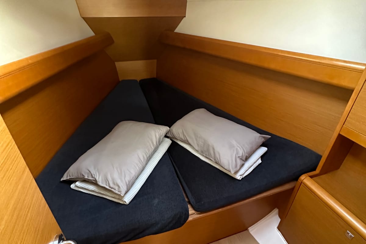 Cabin on OYSTER SHELL, a Jeanneau Sun Odyssey 379 sailboat at Athens, Greece