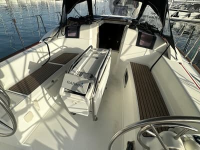 Cockpit of OYSTER SHELL, a Jeanneau Sun Odyssey 379 sailboat at Athens, Greece