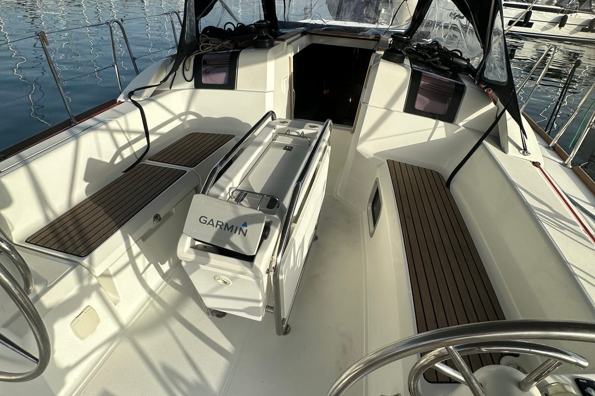 Cockpit of OYSTER SHELL, a Jeanneau Sun Odyssey 379 sailboat at Athens, Greece