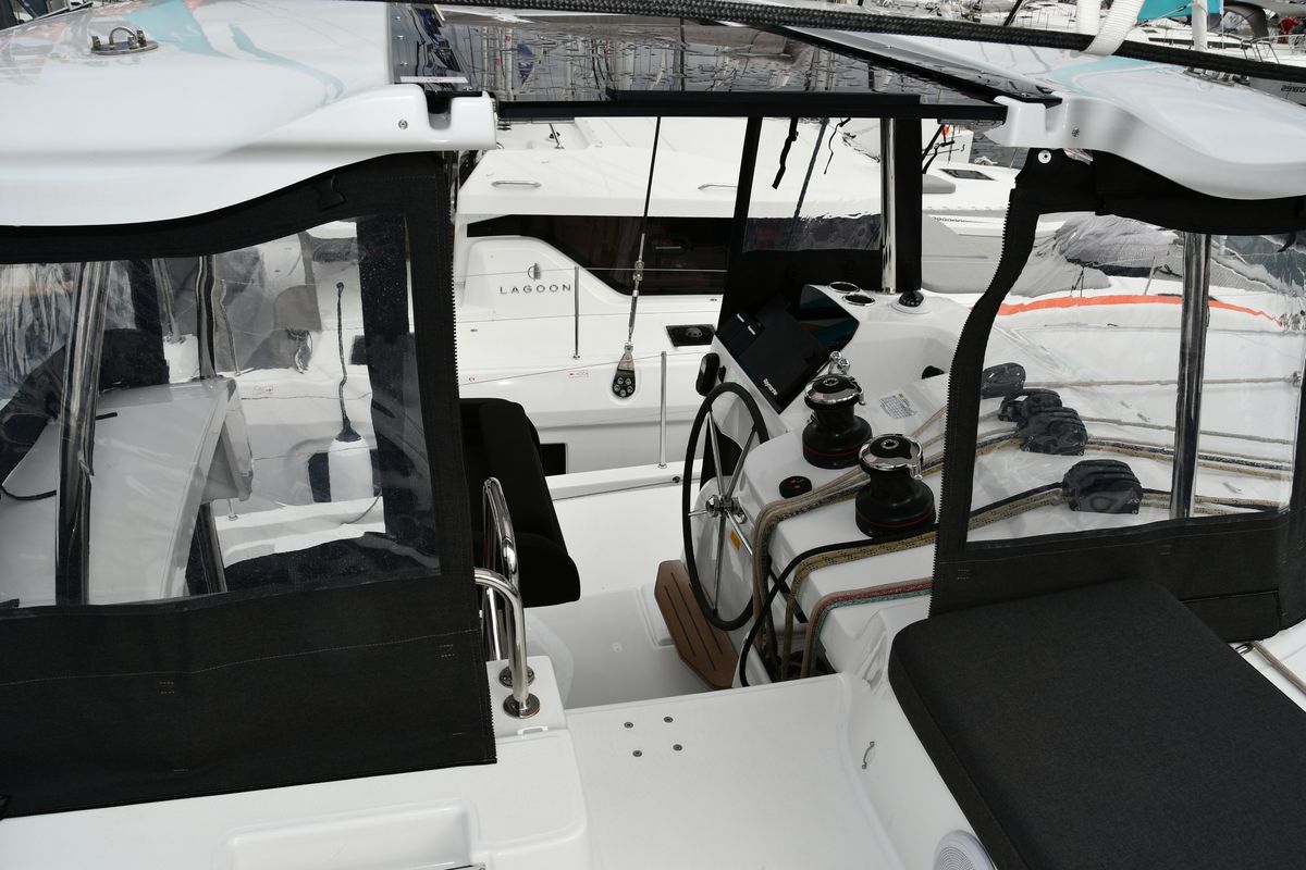 Cockpit of Bonnie, a Lagoon 43 catamaran at Dubrovnik, Croatia