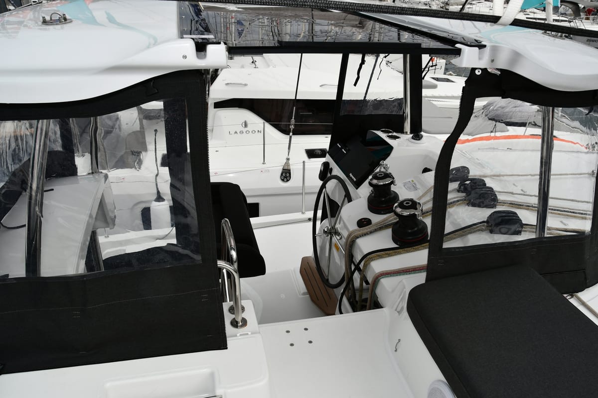 Cockpit of Bonnie, a Lagoon 43 catamaran at Dubrovnik, Croatia
