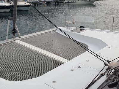 Deck of Lullaby, a Nautitech 40 Open catamaran at Tropea, Italy