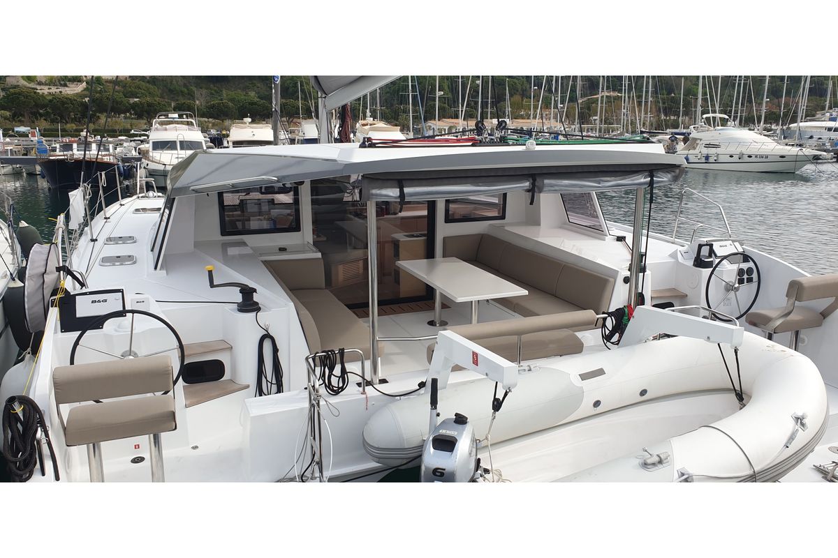 Deck of Lullaby, a Nautitech 40 Open catamaran at Tropea, Italy