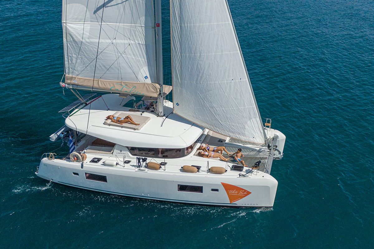 Exterior view of Catalina, a Lagoon 42 catamaran at Municipal Unit of Anaktorio, Greece