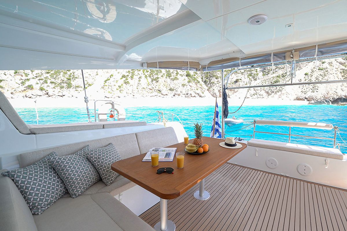 Deck of Catalina, a Lagoon 42 catamaran at Municipal Unit of Anaktorio, Greece