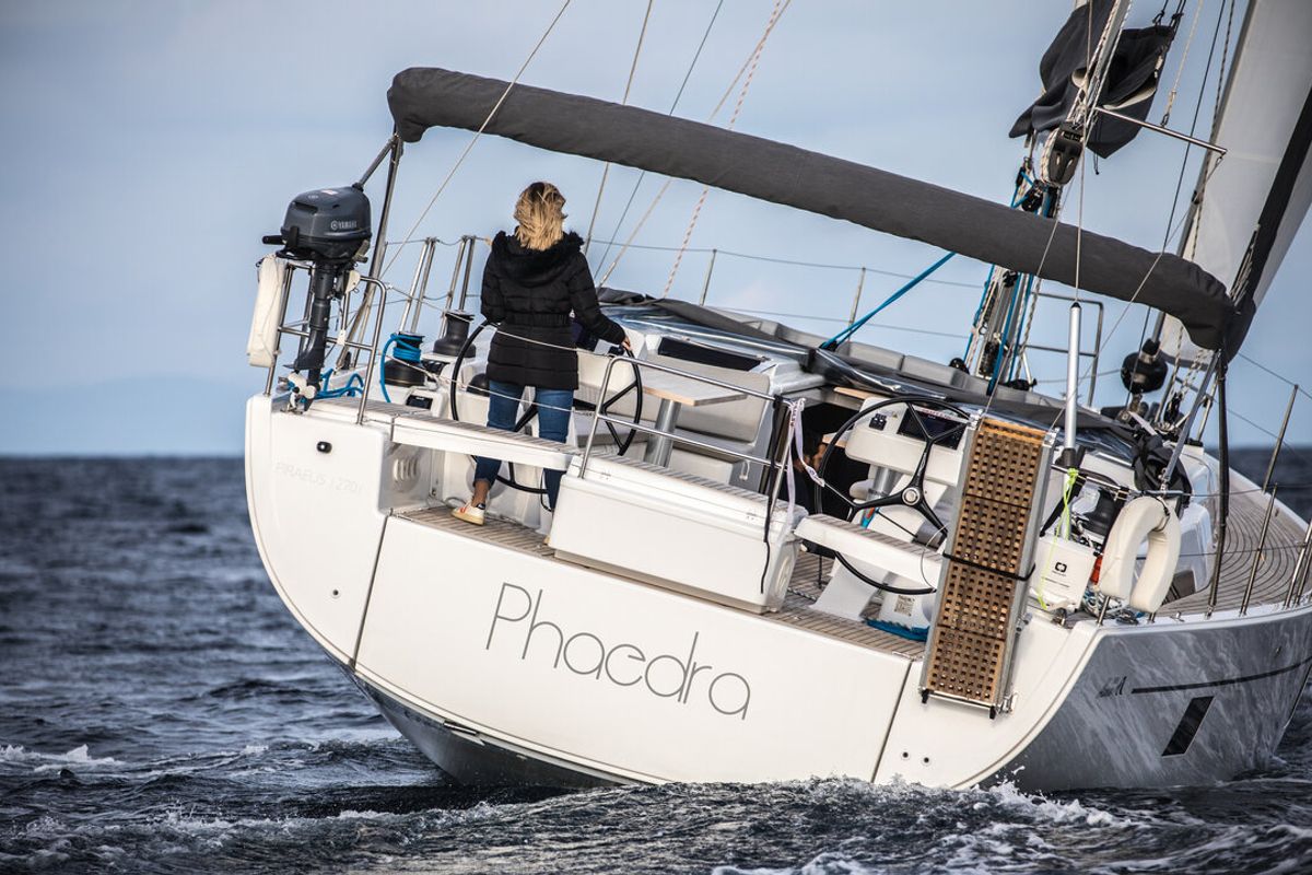 Exterior view of Phaedra, a Hanse Yachts Hanse 508 sailboat at Lavreotiki Municipal Unit, Greece
