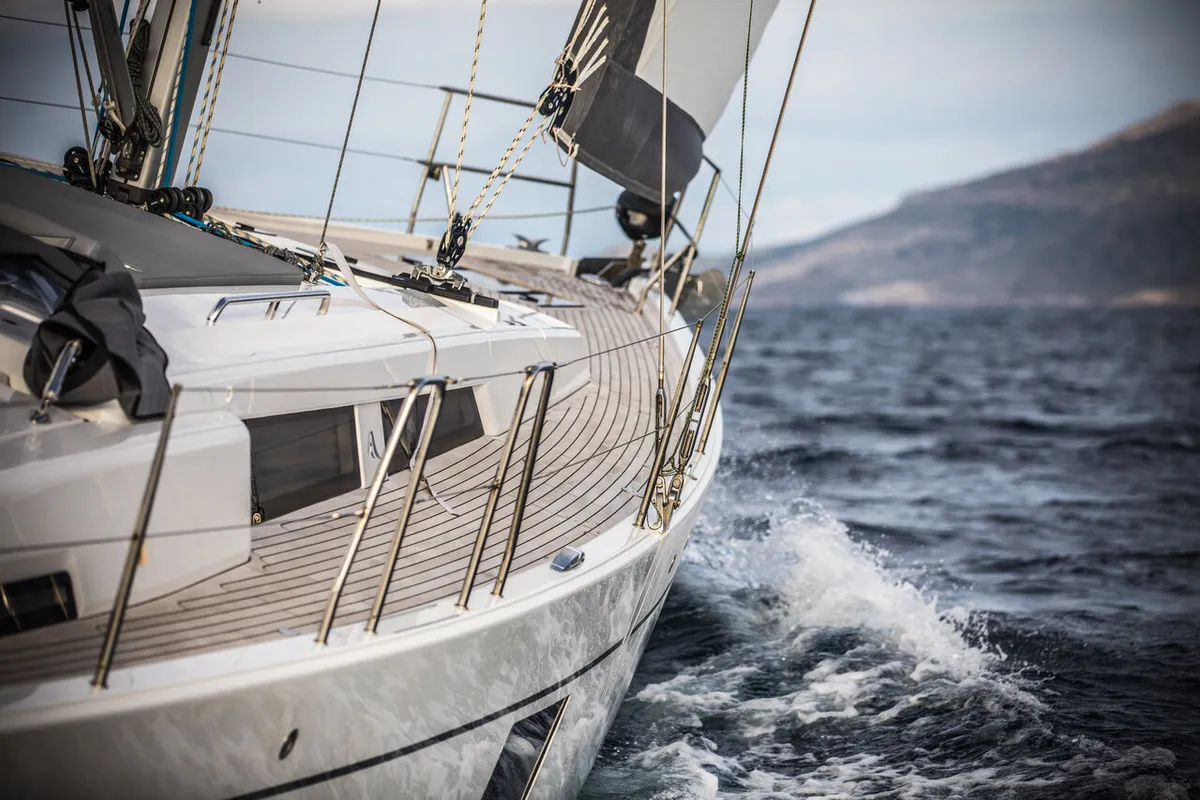 Exterior view of Phaedra, a Hanse Yachts Hanse 508 sailboat at Lavreotiki Municipal Unit, Greece