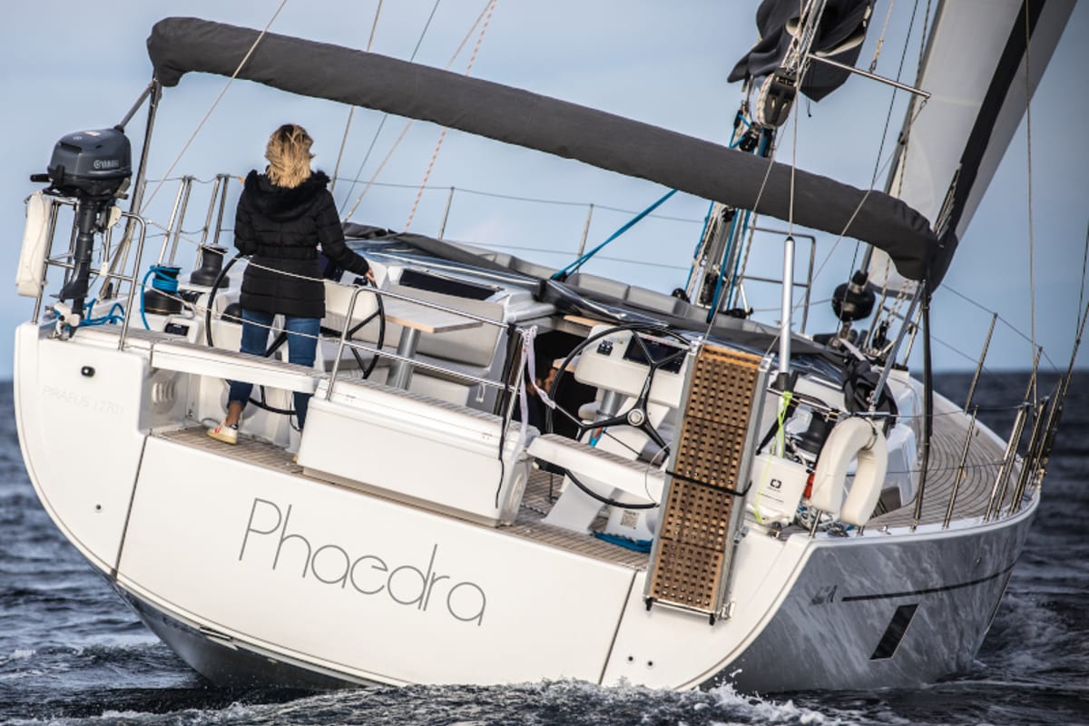 Exterior view of Phaedra, a Hanse Yachts Hanse 508 sailboat at Lavreotiki Municipal Unit, Greece