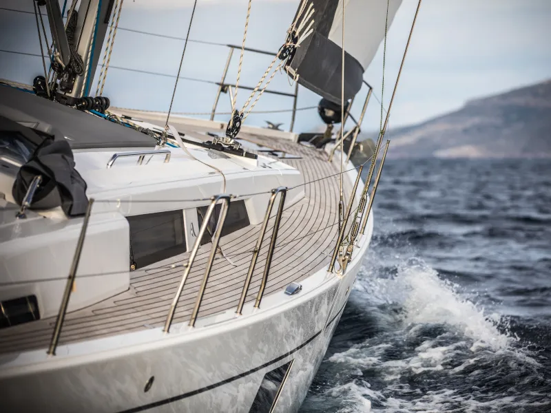 Exterior view of Phaedra, a Hanse Yachts Hanse 508 sailboat at Lavreotiki Municipal Unit, Greece