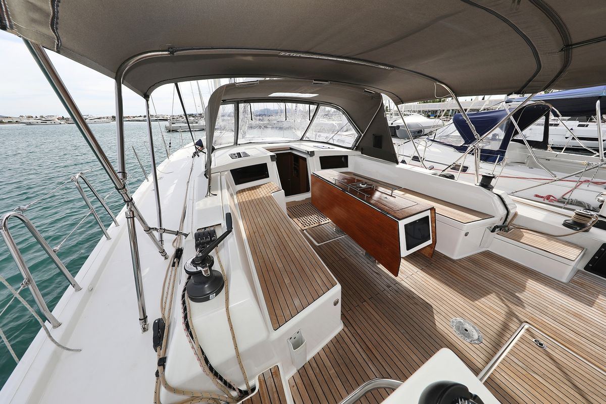 Deck of Dancer, a Dufour 530 sailboat at Općina Sukošan, Croatia