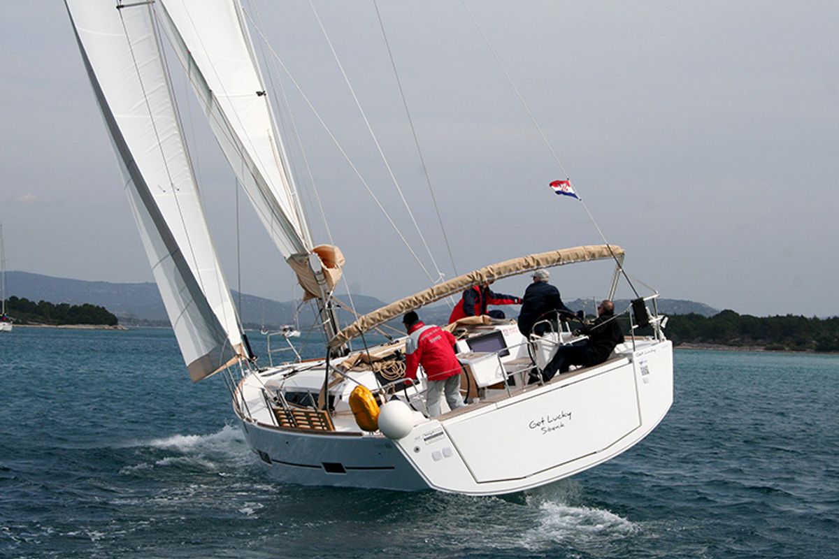 Exterior view of Get Lucky, a Dufour 460 Grand Large sailboat at Grad Šibenik, Croatia