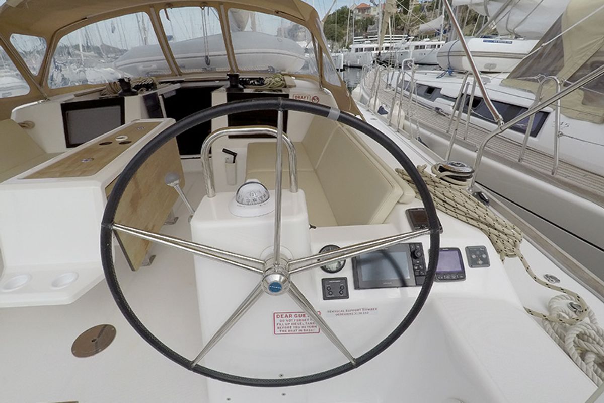 Cockpit of Get Lucky, a Dufour 460 Grand Large sailboat at Grad Šibenik, Croatia