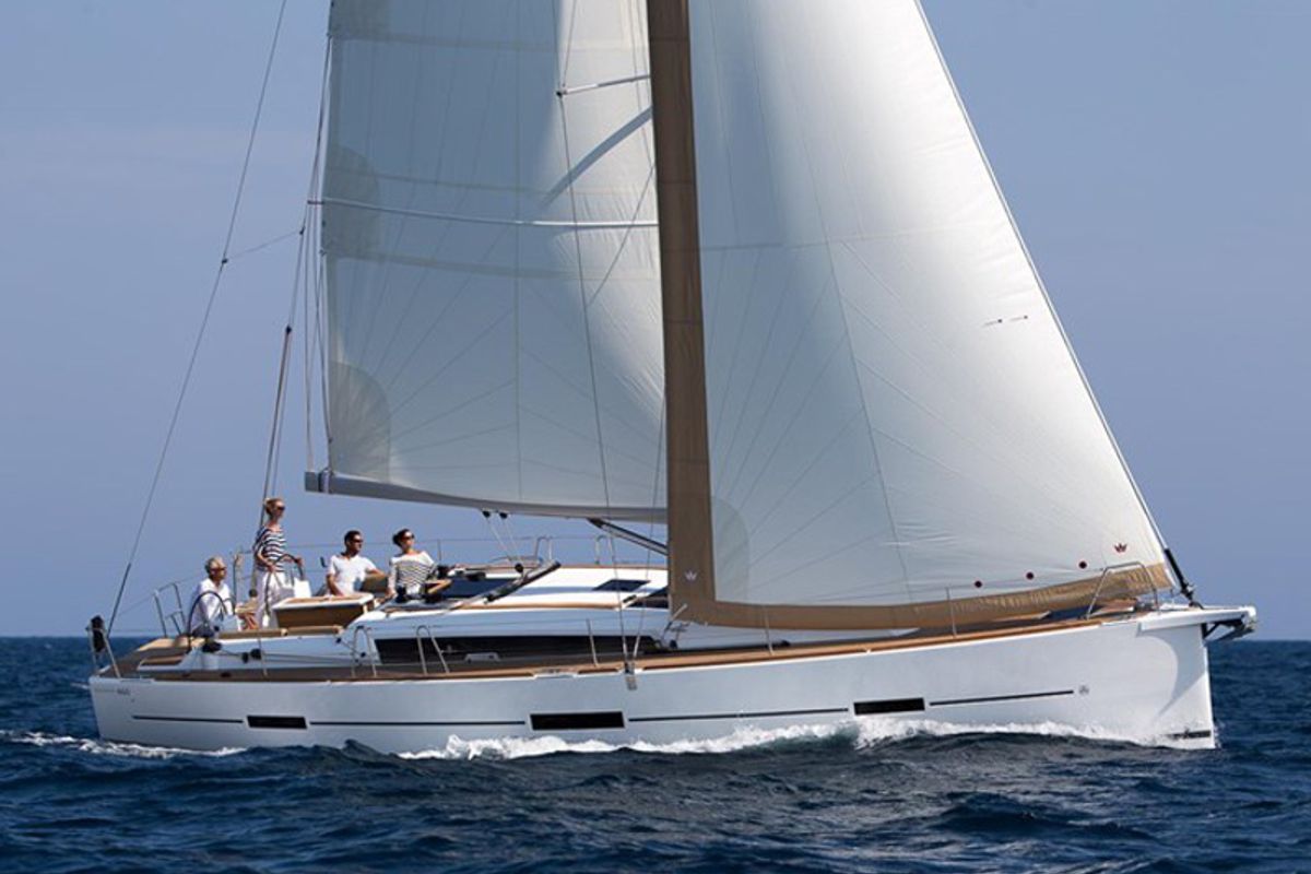 Exterior view of Get Lucky, a Dufour 460 Grand Large sailboat at Grad Šibenik, Croatia