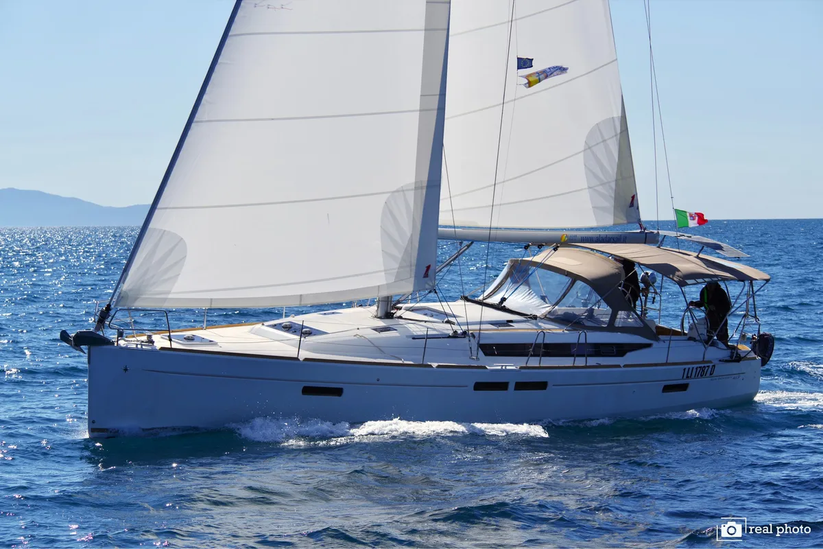 Exterior view of Idra, a Jeanneau Sun Odyssey 469 sailboat at Puntone di Scarlino, Italy