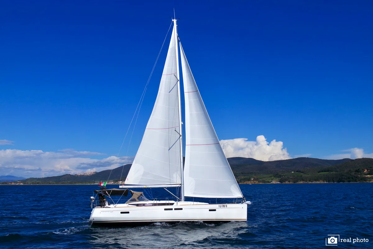 Exterior view of Idra, a Jeanneau Sun Odyssey 469 sailboat at Puntone di Scarlino, Italy