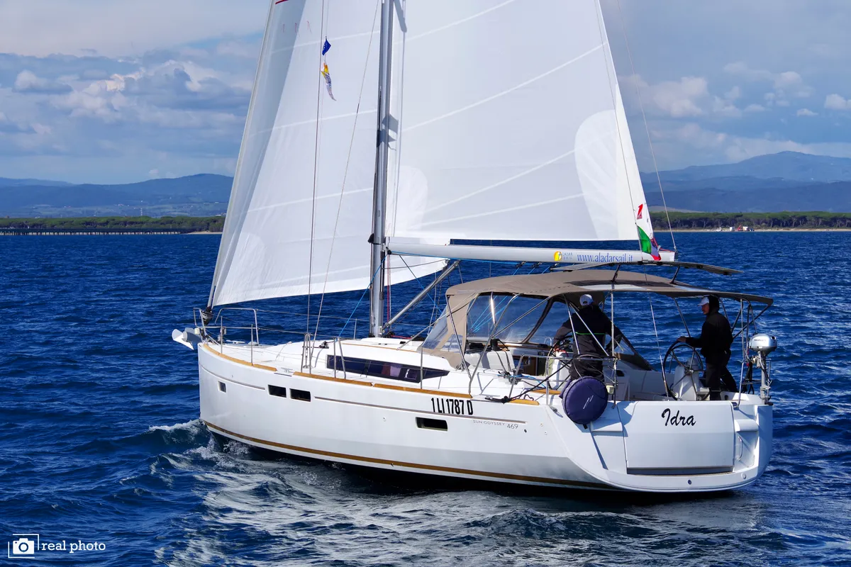 Exterior view of Idra, a Jeanneau Sun Odyssey 469 sailboat at Puntone di Scarlino, Italy