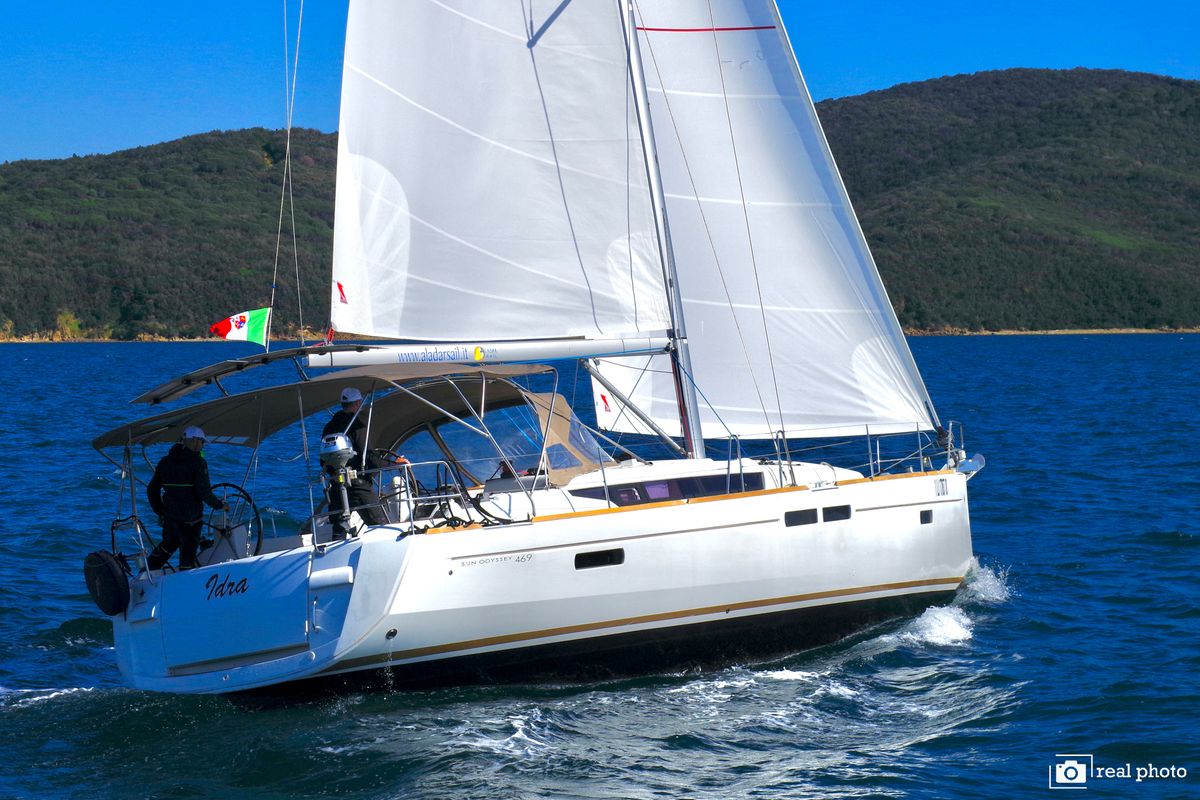 Exterior view of Idra, a Jeanneau Sun Odyssey 469 sailboat at Puntone di Scarlino, Italy