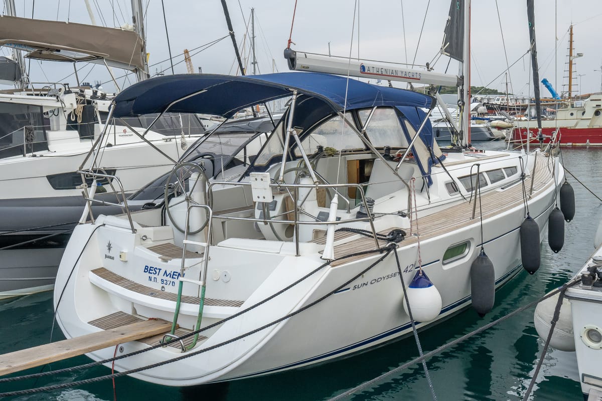 Exterior view of Best Men, a Jeanneau Sun Odyssey 42i sailboat at Neo Klima, Greece