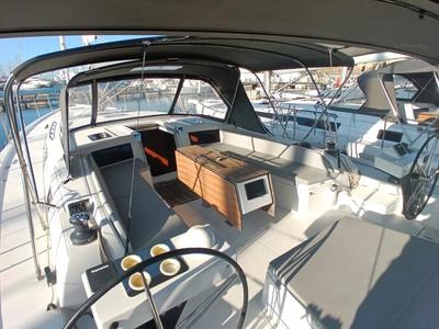 Cockpit of Tano, a Dufour 530 sailboat at Cagliari, Italy