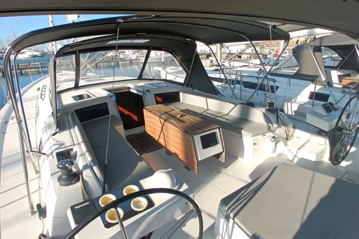 Cockpit of Tano, a Dufour 530 sailboat at Cagliari, Italy