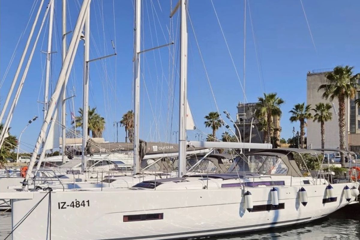 Exterior view of Tano, a Dufour 530 sailboat at Cagliari, Italy