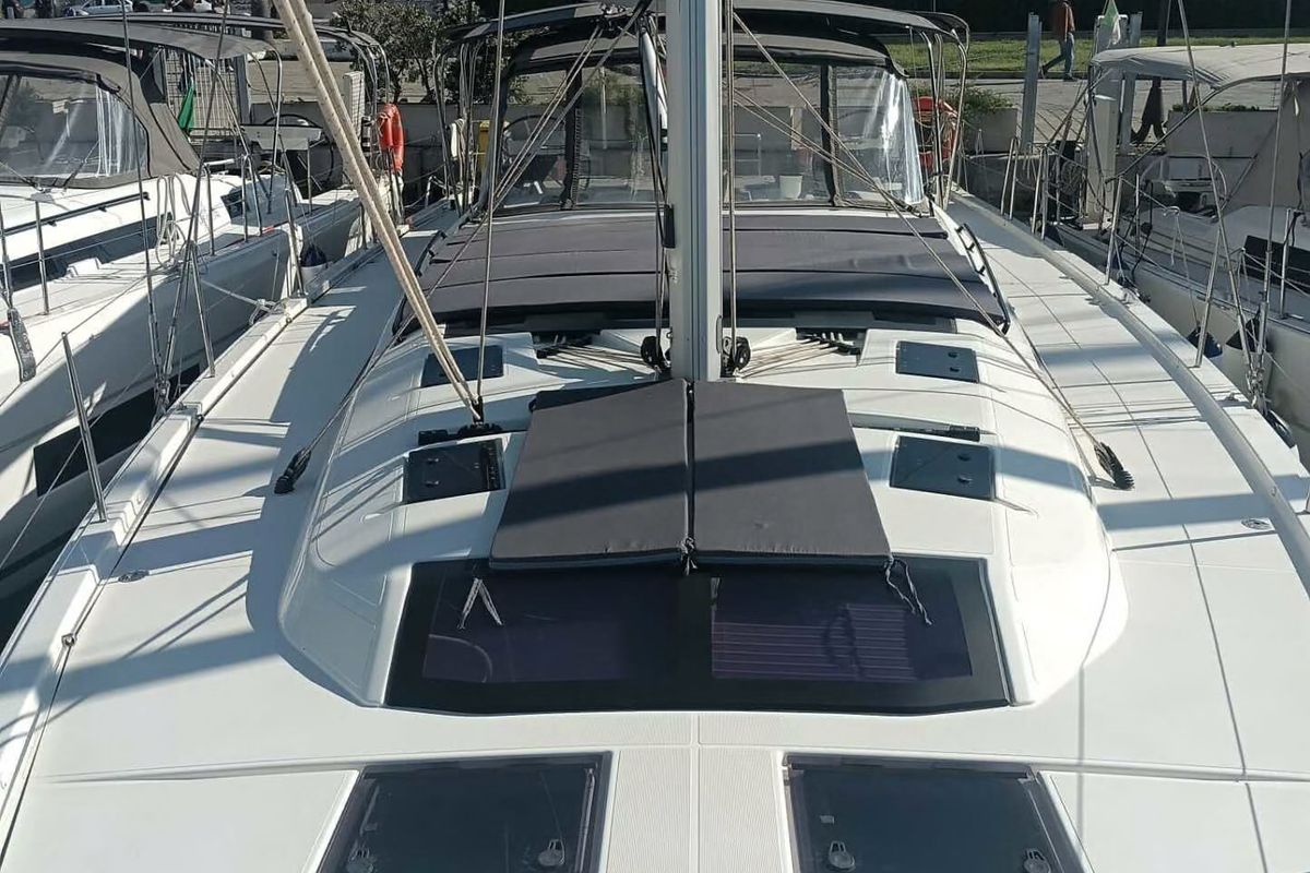 Deck of Tano, a Dufour 530 sailboat at Cagliari, Italy