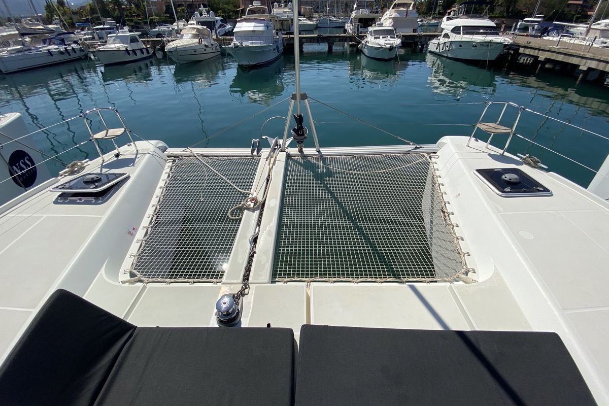 Deck of Blue Eyes, a Lagoon 42 catamaran at Olbia, Italy