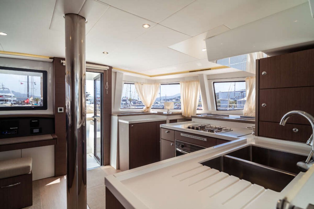 Galley of Arianna, a Bali 4.8 catamaran at Olbia, Italy