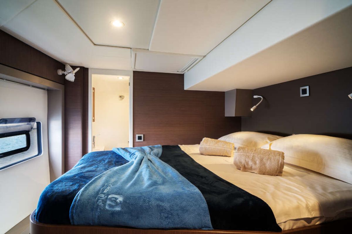 Cabin on Arianna, a Bali 4.8 catamaran at Olbia, Italy