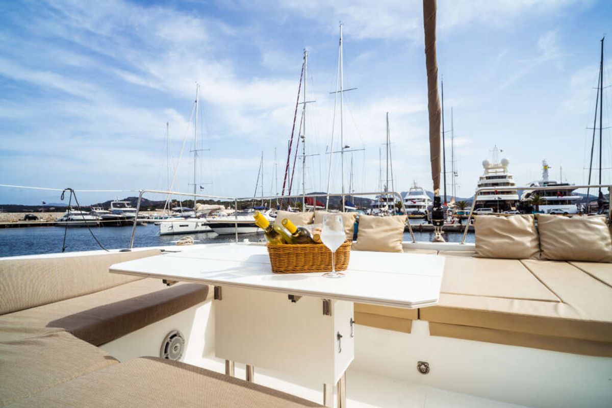 Deck of Arianna, a Bali 4.8 catamaran at Olbia, Italy