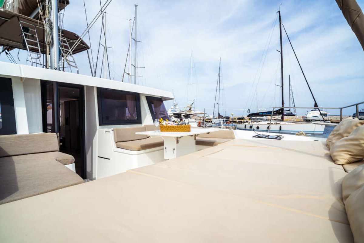 Deck of Arianna, a Bali 4.8 catamaran at Olbia, Italy
