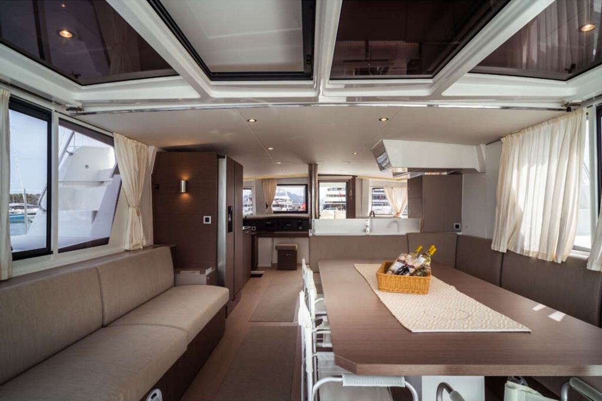 Salon of Arianna, a Bali 4.8 catamaran at Olbia, Italy